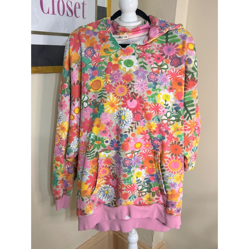 Natural Life Floral Hoodie Oversized Pink Boho French Terry Pullover S/M